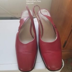 Red high open heel shoes